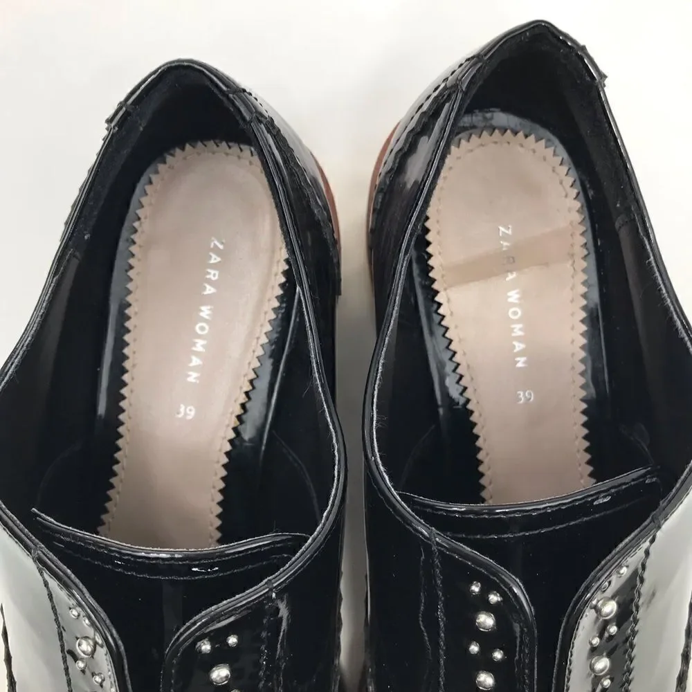 Zara Woman Black Patent Leather Silver Studded Platform Oxford Sneakers